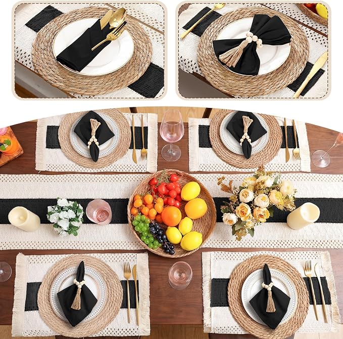 6 Sets Boho Decoration Placemats Round Woven Placemats, Cloth Napkins, Wood - Image 5