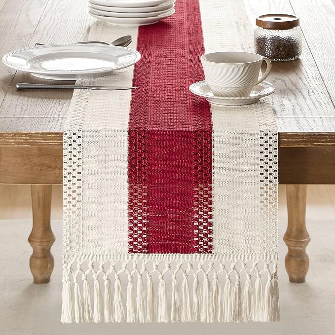 Macrame Style Bicolor Stitching Table Runner 14x90in Red | Woven Boho Table - Image 2