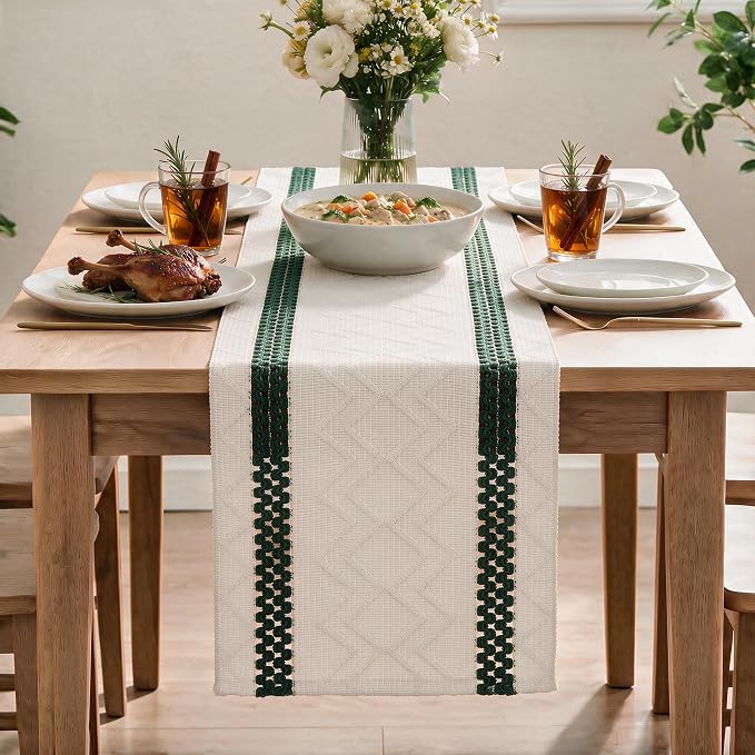 Artoid Mode Forest Green Stripe Woven Rustic Table Runner 12x48 Inch | Holiday - Image 2