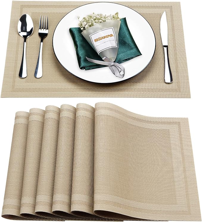 Placemats Set of 6,Washable,Heat and Stain Resistant Indoor/Outdoor Place mats,Vinyl Woven Non Slip Table Mats for Restaurant Table Protection,PVC Placemats(Beige,6PCS)