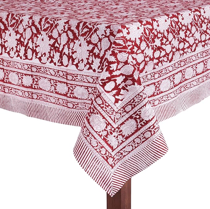 ATOSII Meraki Red 100% Cotton Tablecloth, Handblock Print Rectangle Table Cover for Kitchen Dining I Tabletop Linen I Thanksgiving, Christmas, Wedding, Fall Table Cloth 72 X 140 Inches I 12 Seater