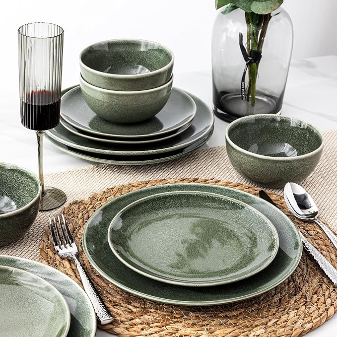 AmorArc Ceramic Dinnerware Sets for 6, 18 Pieces Handpainted Plates and Bowls Set, Scratch Resistant Stoneware Dishes Set, Dishwasher & Microwave Safe, Jade Green