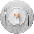 Jovono 15" Faux Leather Big Round Placemats Set of 6 - Washable Heat Resistant Non-Slip Dining Table Mats with Fabric Texture for Kitchen Home Party Wedding Decor, Silver