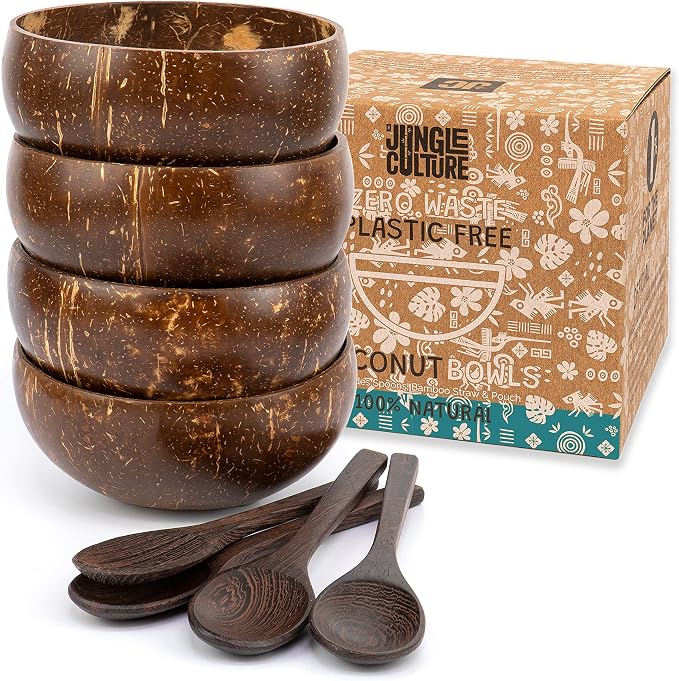 Jungle Culture 4 Polished Coconut Bowl & Wooden Spoons Set by JungleCulture