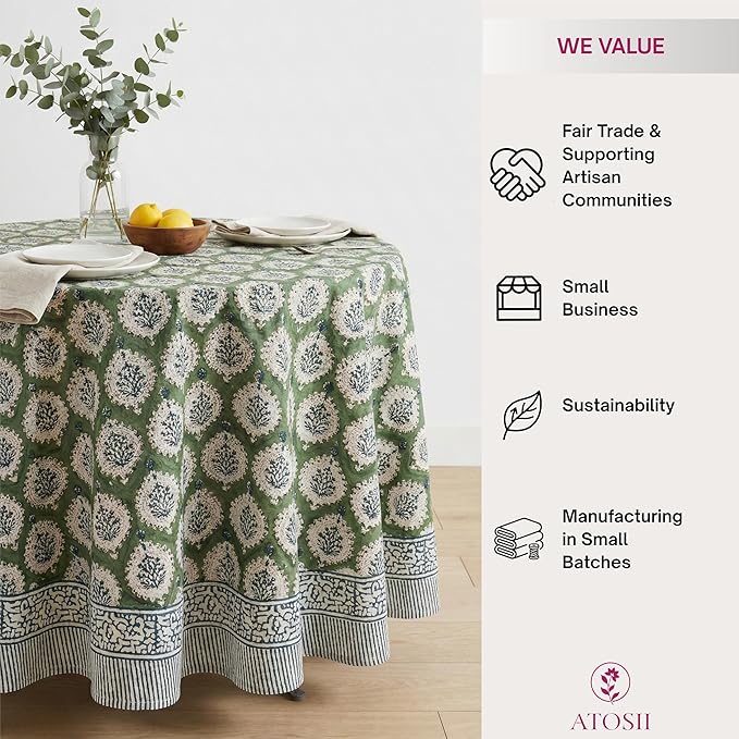ATOSII Kari Green 100% Cotton Round Boho Spring Summer Tablecloth, Block Print Floral Table Cloth Linen for Dining, Parties, Weddings, OutdoorsI Home Table Decor 72" Inches Round