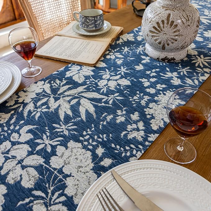 Botanical Jacquard Floral Dining Table Runner Blue 13 x 82 Inch | Jacquard - Image 3