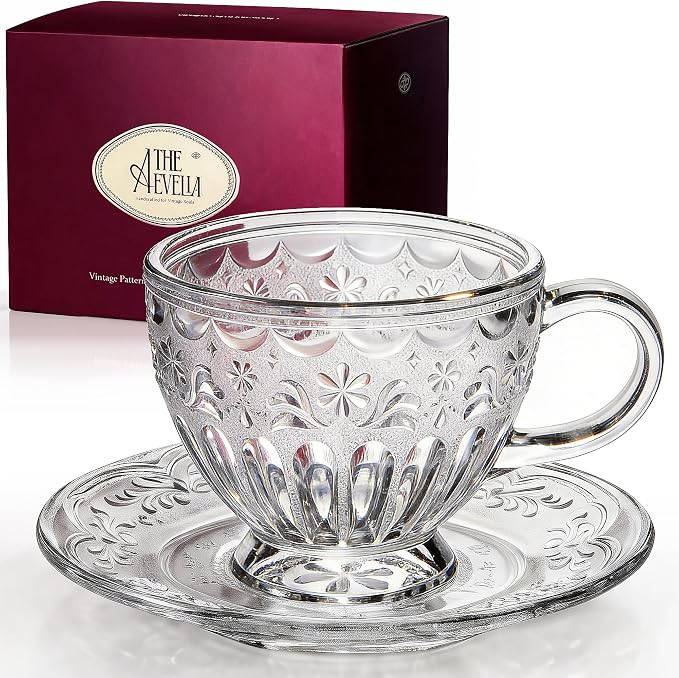 Vintage Glass Tea Cup and Saucer Set, 12 oz Large Coffee Cup | Handcrafted by Unknown