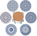 Drink Coasters for Drinks Set of 6,Blue and White Porcelain Absorbent Round Ceramic Stone Mat Coaster, with Cork Base and Metal Holder, Home Bar Decor House Warming Gift