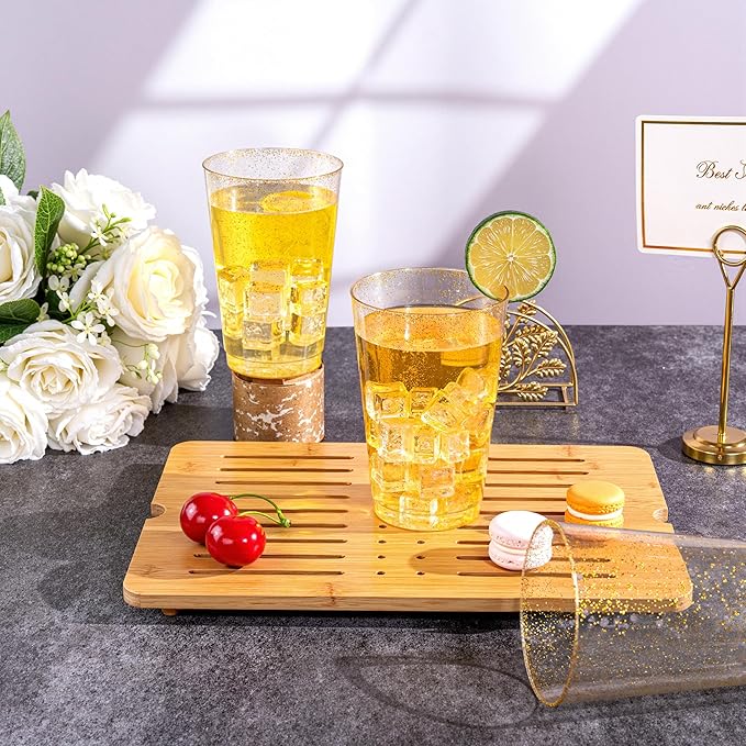 I00000 100 Pack 20 oz Gold Plastic Cups, Gold Glitter Cups Disposable Plastic Wine Glasses Cocktail Glasses Premium Cup, 20 Ounce Glitter Disposable Tumblers for Party & Wedding