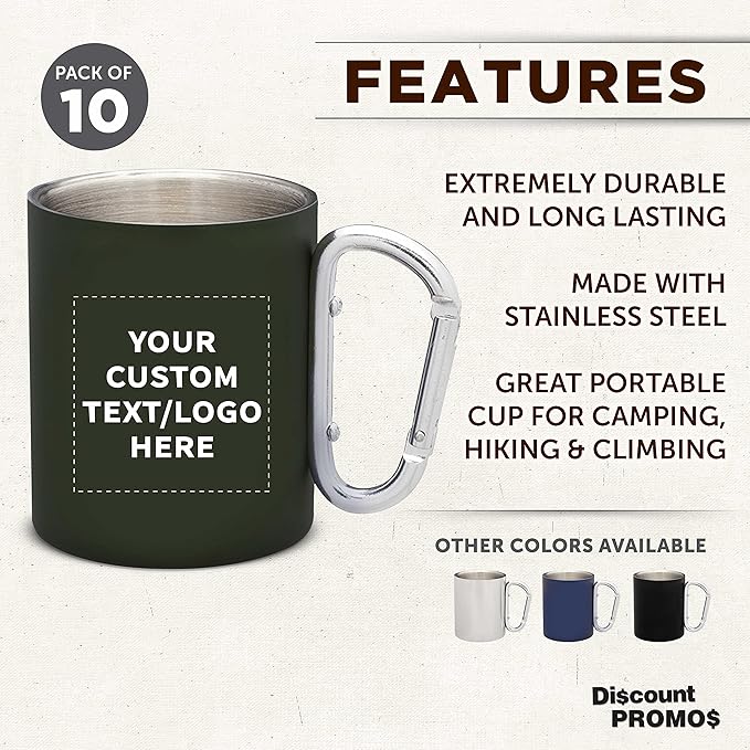 Custom Stainless Steel Mugs with Carabiner Handle 10 oz. Set of 10, Personalized Bulk Pack - Perfect for Coffee, Soda, Other Hot & Cold Beverages - Army Green