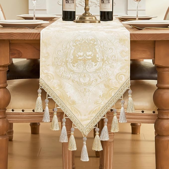 Loom and Mill Elegant Damask Table Runner 13x108 inch, Champagne Gold | Double by LoomandMill