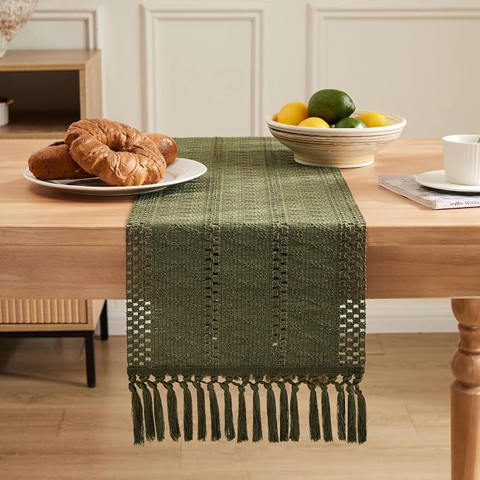 Macrame Style Boho Table Runner, 12x48 Inch Moss | Woven Boho Table Runner - Image 2