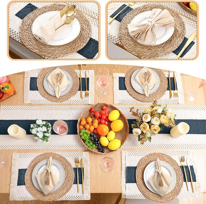 4 Sets Boho Decoration Placemats Round Woven Placemats, Cloth Napkins, Wood - Image 5