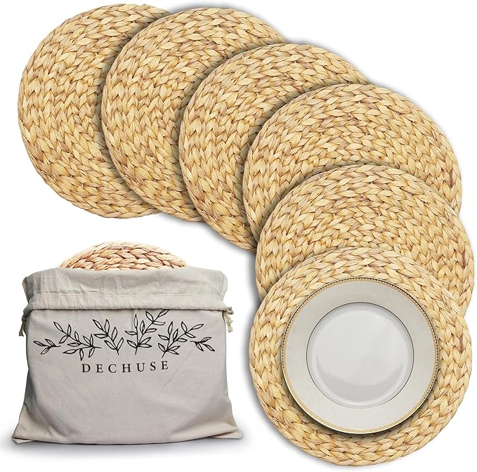Round Woven Placemats Set of 6 (14 Inch) with Canvas Bag – Handwoven Water Hyacinth Table Mats, Boho Farmhouse Dining Decor, Heat Resistant Wicker Chargers by DECHUSE
