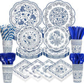 450 Pcs Blue Floral Tableware Set Decorations, Serves 50 | Blue White by Unknown