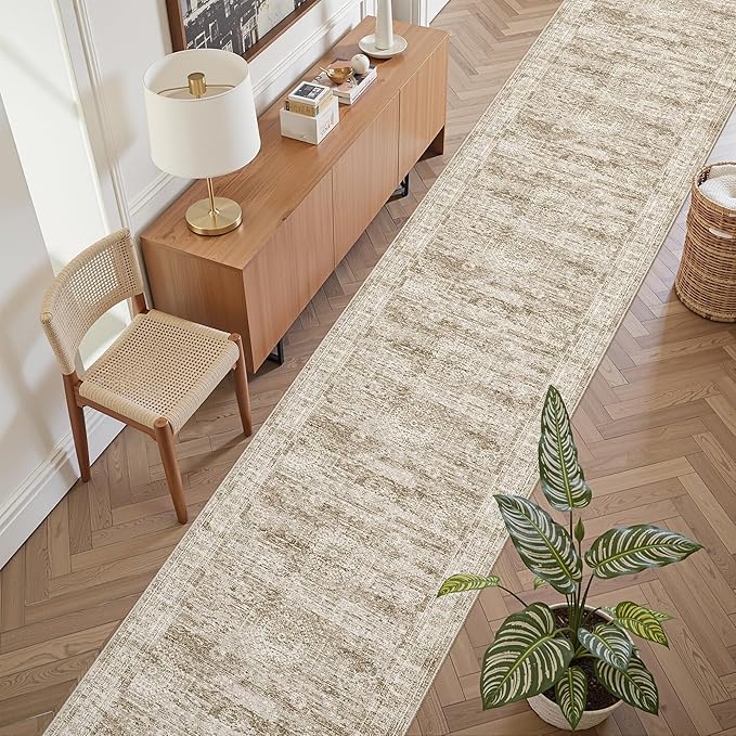 Runner Rug 2'6" x 14' Washable Non-Slip Runner Rugs for Kitchen Bathroom Laundry Room Vintage Ultra Thin Runners for Hallway Entryway Brown
