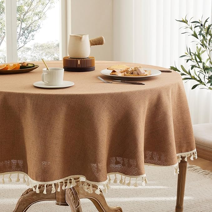 Linen Tablecloth with Tassels, Farmhouse Style Brown Tablecloth, Water Resistant Burlap Tablecloths for Round Table, 60 Inch Round Caramel