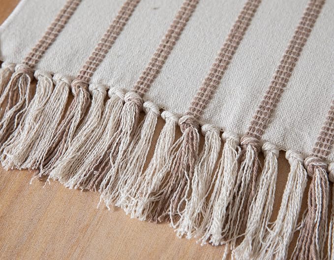 Caflife Boho Table Runner 60 Inchs Long Taupe and Beige, Cotton and Linen Woven - Image 6