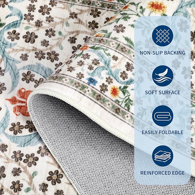 GarveeHome Floral Entryway Rug, 2x3 Washable Front Door Entry Throw Rugs Indoor, Non Slip Bathroom Small Rugs, Boho Thin Rug for Kitchen, Soft Carpet Mat for Bedroom Bathroom, Beige