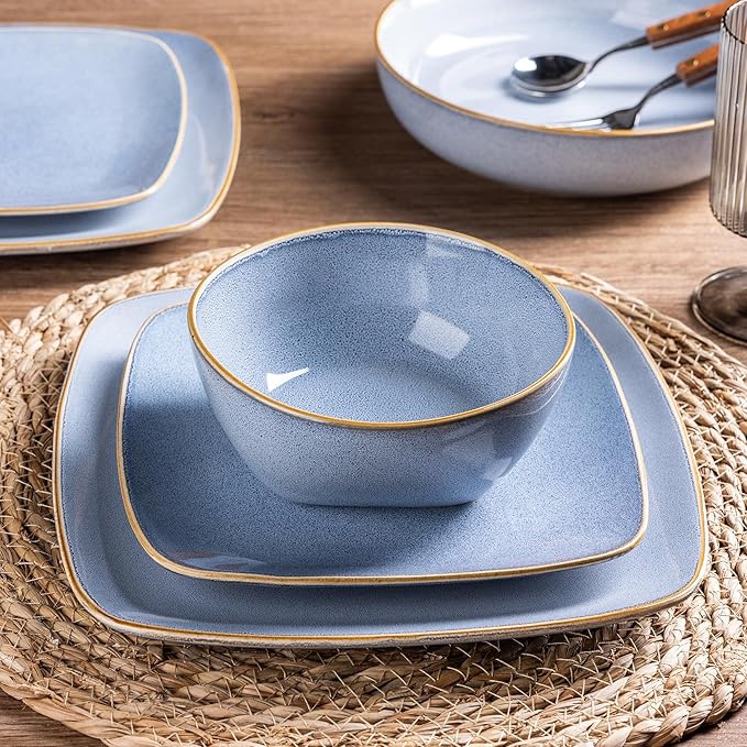 AmorArc Ceramic Dinnerware Sets for 4, 12 Pieces Square Handpainted Plates and Bowls Set, Chip and Scratch Resistant Stoneware Dishes Set, Dishwasher & Microwave Safe, Reactive Blue
