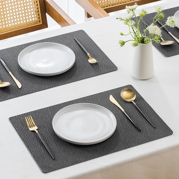 Jovono Faux Leather Placemats Set of 6, Waterproof Washable Table Mats, Easy-Clean Heat Resistant Kitchen Vinyl Place Mat for Dining Table, Restaurant, Indoor, 17.8"x11.8", Gray