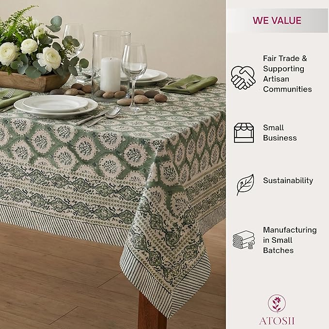 ATOSII Kari Green 100% Cotton Rectangle Boho Fall Tablecloth, Handblock Floral Table Cloth Linen for Kitchen Dining I Parties Wedding Outdoors Christmas Thanksgiving I 72 X 120 Inches I 10 Seater