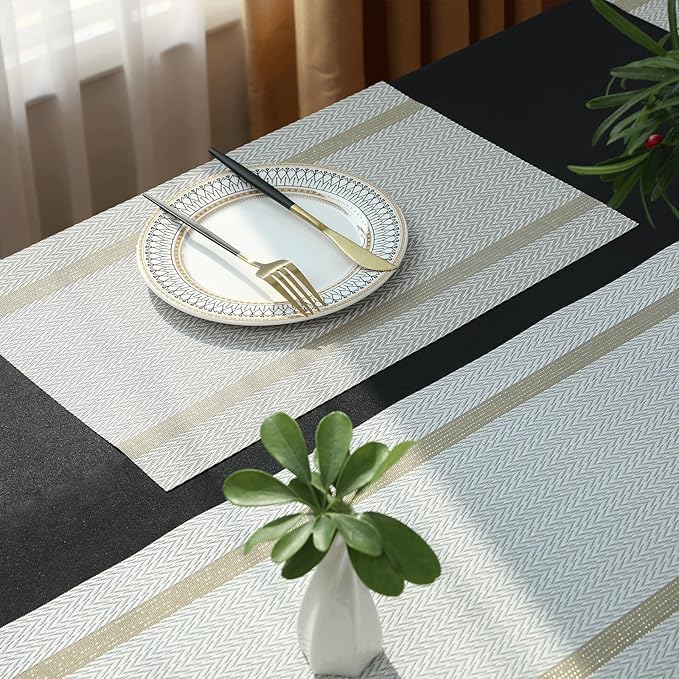 FAVE Placemats Set of 12 White Placemat Woven with Golden Thread Vinyl Placemats for Wedding, Banquet, Birthday, Party, Restaurant Decorations(White, 12"x18"-12PCS)