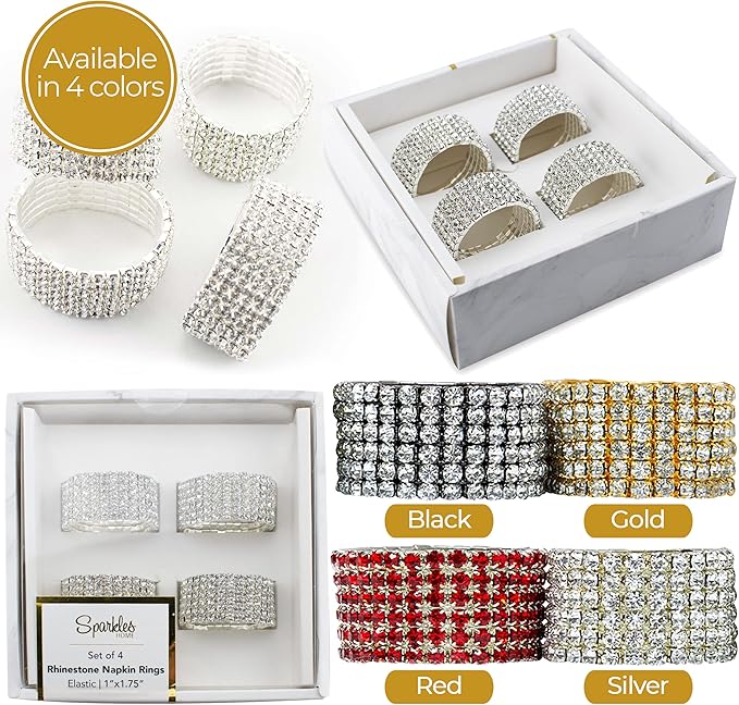 Ashford Napkin Ring, Sparkling Glass Rhinestones, for Cloth Napkins, Elegant Formal Dining Table Setting, Event, Wedding, Silver, 2", Set of 4
