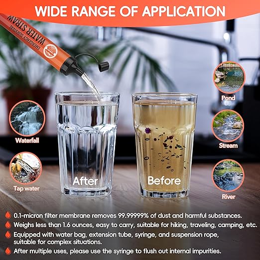Emergency Water Filter Straw, Personal Survival Water Filtration System, Water Purifier, Outdoor Survival Gear and Equipment for Hiking Camping Accessories Cycling Fishing Preparedness (3PCS)