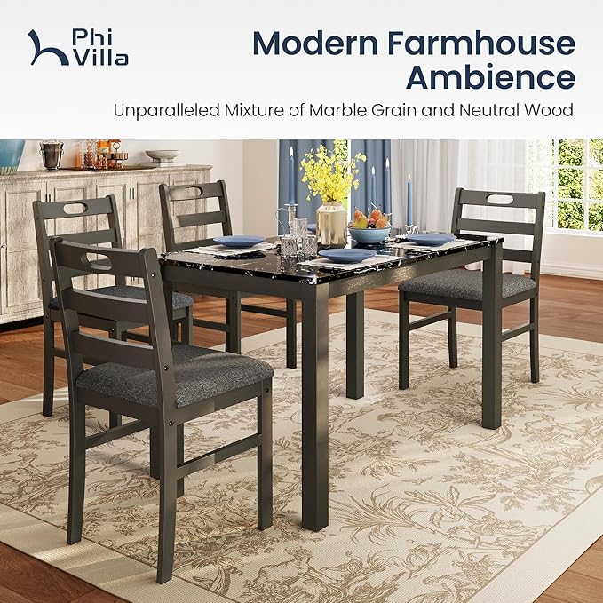 PHI VILLA 5 Piece Dining Table Set for 4, Marble Design Kitchen Table Chairs Set of 4, Solid Wood Space-Saving Dining Room Table Set for Apartment, Veined Black Marble& Gray