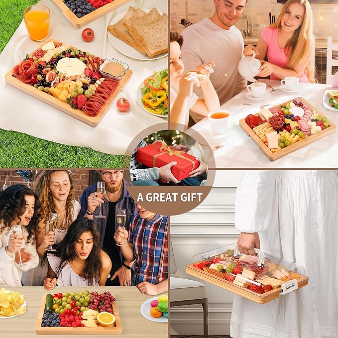 Charcuterie Board with Lid and Handle - Portable Travel Design Bamboo Cheese Board Set with 4 Cheese Tools, Gift for Housewarming, Weddings, Picnics (1 Compartment, White)