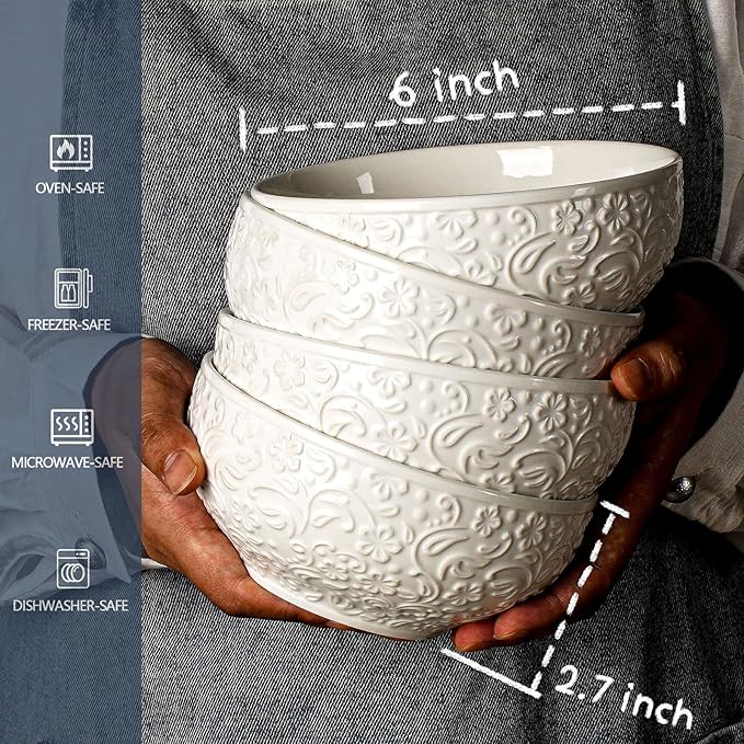 Artena Ceramic Cereal Bowls 26 oz, Embossment Soup Bowls Set of 4, White Salad Bowl for Kitchen, Dinner, Breakfast, Oatmeal, Rice, Pasta, Dishwasher Microwave Safe, 6 inch (Flower)