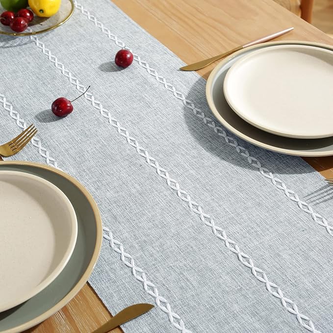 Wracra Rustic Linen Table Runner, Dusty Blue Table Runners 60 inches Long | - Image 5
