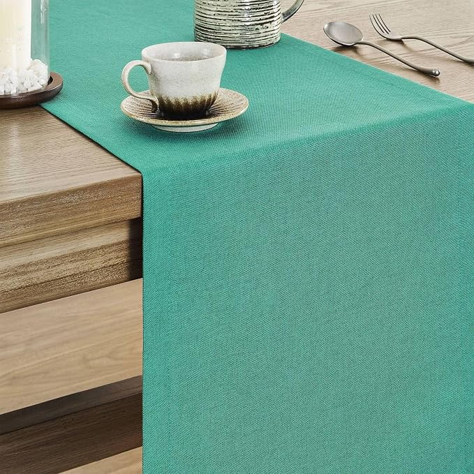Basic Linen Style Table Runner, 14x72 Inch Teal | Mitered Corner Design - Image 4