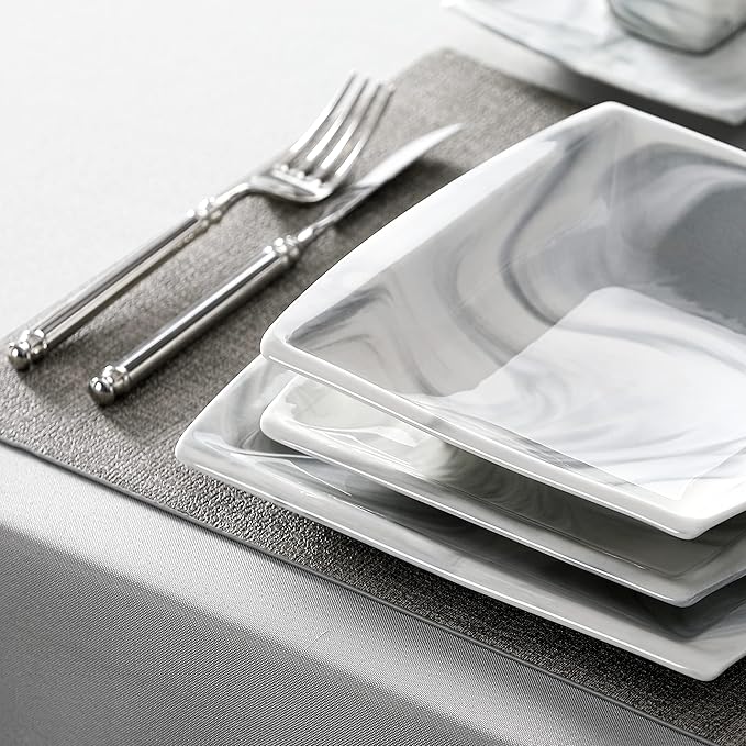MALACASA Dinnerware Sets, 30 Piece Porcelain Plates and Bowls Sets for 6, Square Dish Set with Dinner Plates Set, Cup and Saucer, Modern Dishware Dishes Microwave Safe, Marble Grey, Series Blance