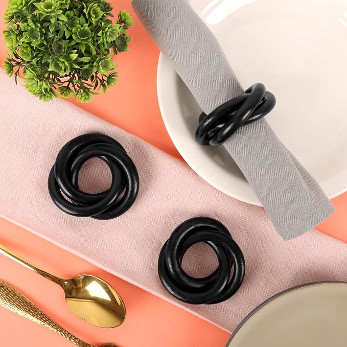 Triple-Ring Wood Napkin Rings, matte black finish, interlocked cuff style - Image 4
