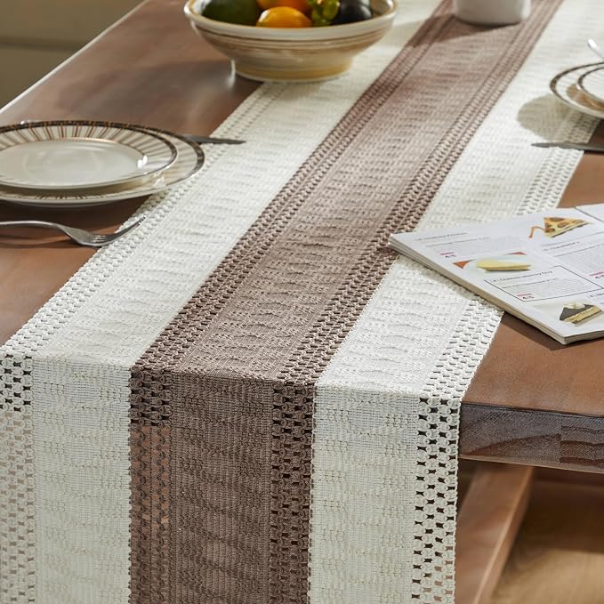 Macrame Style Bicolor Stitching Table Runner 14x48in Cocoa Brown | Woven Boho - Image 5