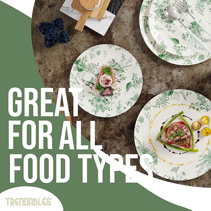 Trendables 40 Piece Plastic Disposable Plates Set For 20 Guests I 20 X 8 Inch Dessert Plates & 20 X 10 Inch Wedding Party Plates | Ivory & Green Verdure Design