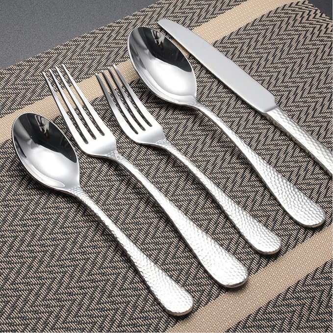 20-Piece Forged Hammered Stainless Steel Flatware Cutlery Set for 4, SXY INOX Shape of Water Drop Includes Dinner Knives/Forks/Spoons,Tea Spoons, Salad Forks, Mirror Polished - Dishwasher Safe
