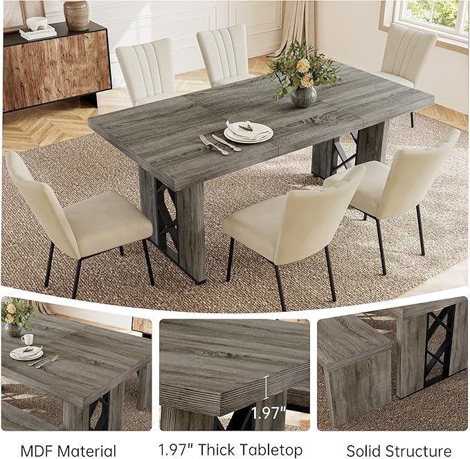 7-Piece Dining Table Set for 6 People, 70.8" MDF Kitchen Table with 6 Velvet Chairs, Space-Saving for Dining Room, Breakfast Nook(Grey Table+6 Beige Chairs)