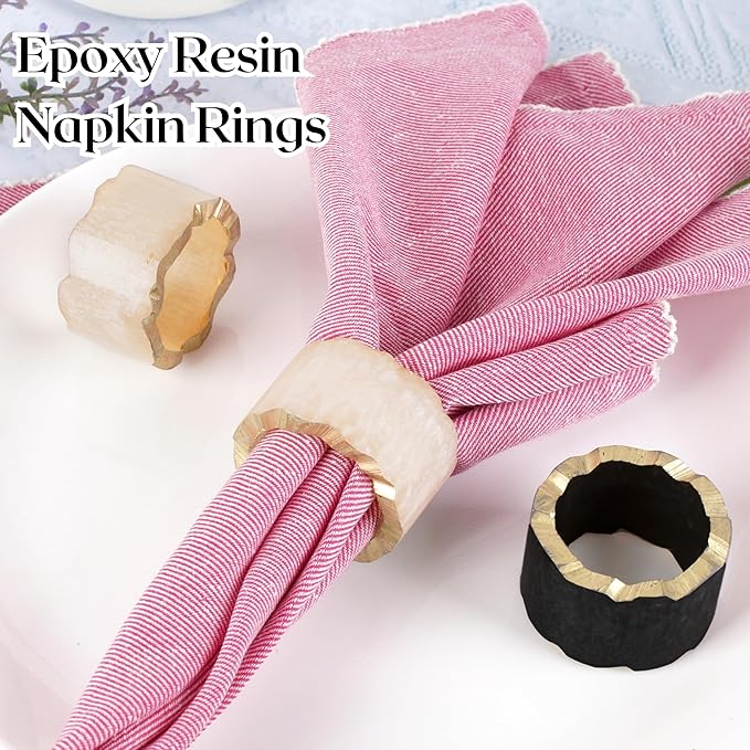 ALPHA Living HOME Epoxy Resin Napkin Rings - 12 Pieces Farmhouse Napkin Rings Holder for Wedding, Banquet, Adornment for Table Settings, Boho Style for Dining Table, Wedding (Black & Cream)