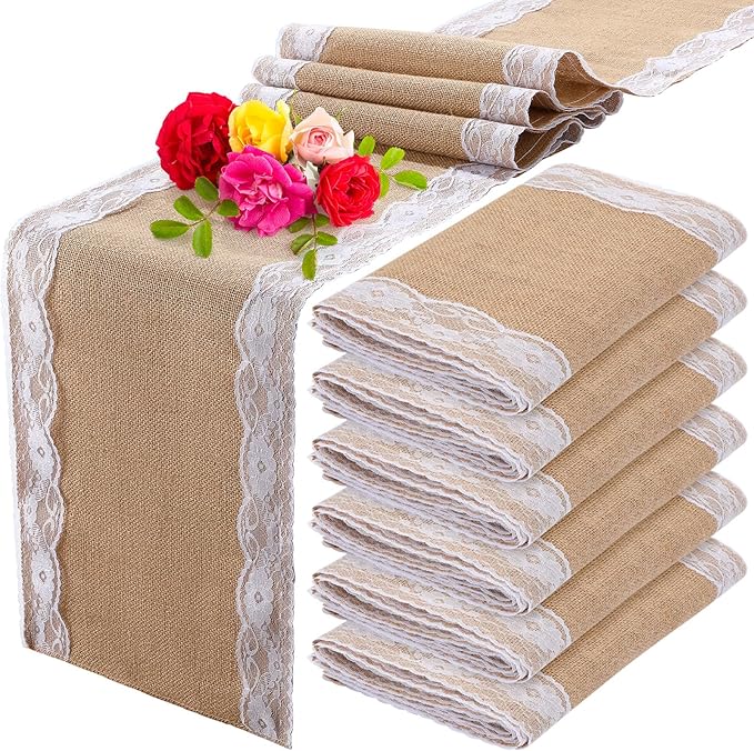 Tatuo 12 Pcs Lace Burlap Table Runner 12'' x 72'' Rustic Jute Hessian Farmhouse by Tatuo