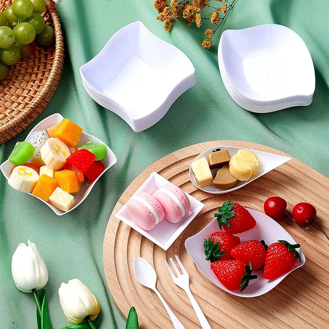 Tessco 800 Pcs Mini Appetizer Plates Set Including 400 Disposable Dessert Plates Assorted Shape 200 Mini Plastic Forks 200 Plastic Spoons for Party(White,Classic)