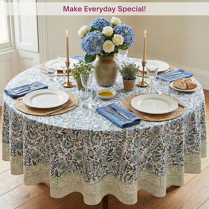 ATOSII Clover Blue 100% Cotton Round Boho Fall Tablecloth, Handblock Floral Table Cloth Linen for Kitchen Dining I Parties Wedding Outdoors Christmas Thanksgiving I 60" Inches Round I 4 Seater