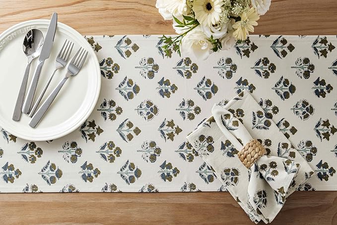 Block Print Floral Decorative Table Runners, 13x72 Inch Brown | 100% Organic - Image 4