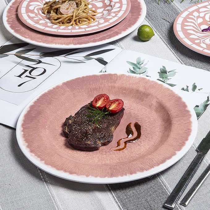 Melamine Dinnerware Sets - 12 Pcs Plates and Bowls Set,Unbreakable Dinner Dishes Set for 4,Lightweight, Dishwasher Safe, BPA Free,Indoor Outdoor use, Pink