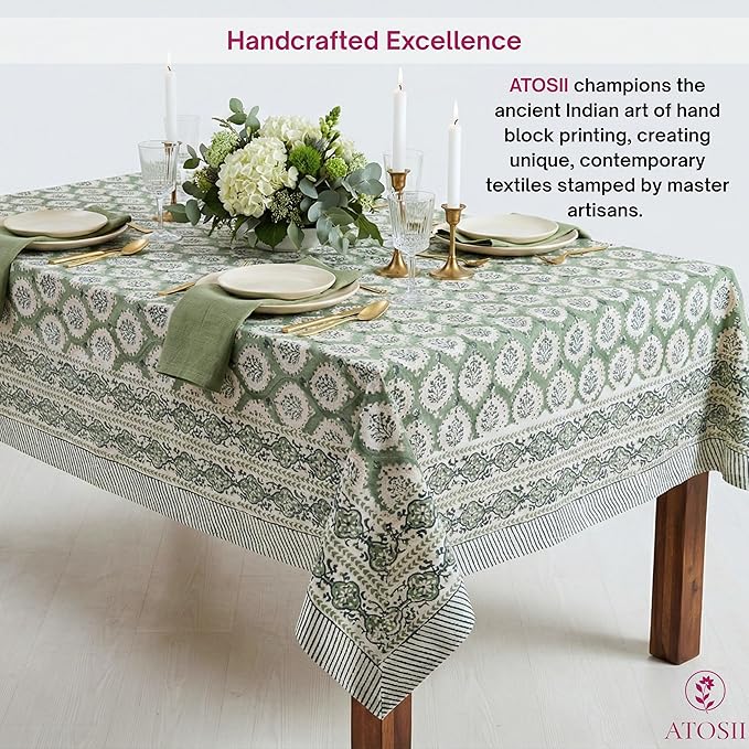 ATOSII Kari Green 100% Cotton Rectangle Fall Tablecloth, Block Print Floral Table Cloth Linen for Dining Parties Outdoors Christmas Thanksgiving Grandmillennial Home Decor 72 X 140 Inches I 12 Seater