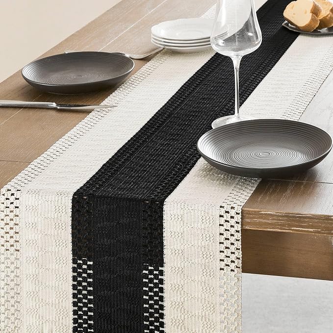 Macrame Style Bicolor Stitching Table Runner 14x36in Black | Woven Boho Table - Image 4