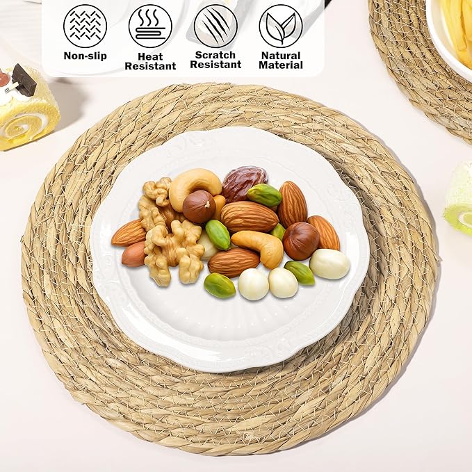 Elcoho 4 Pieces Round Woven Placemats 12 Inch Boho Rattan Placemats Farmhouse Braided Place Mats Woven Plate Chargers Rustic Wicker Table Mats for Dining Table