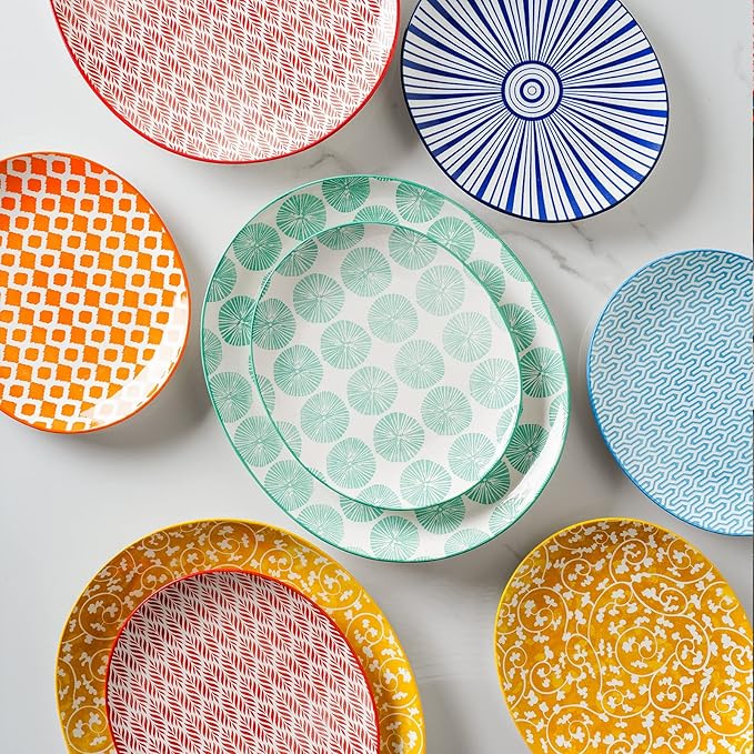 Selamica Porcelain Shallow Oval Dinner Plates, 8 inch Dessert Pasta Salad Curve Plates, Microwave/Dishwasher/Oven safe, Set Of 6, Assorted Colors